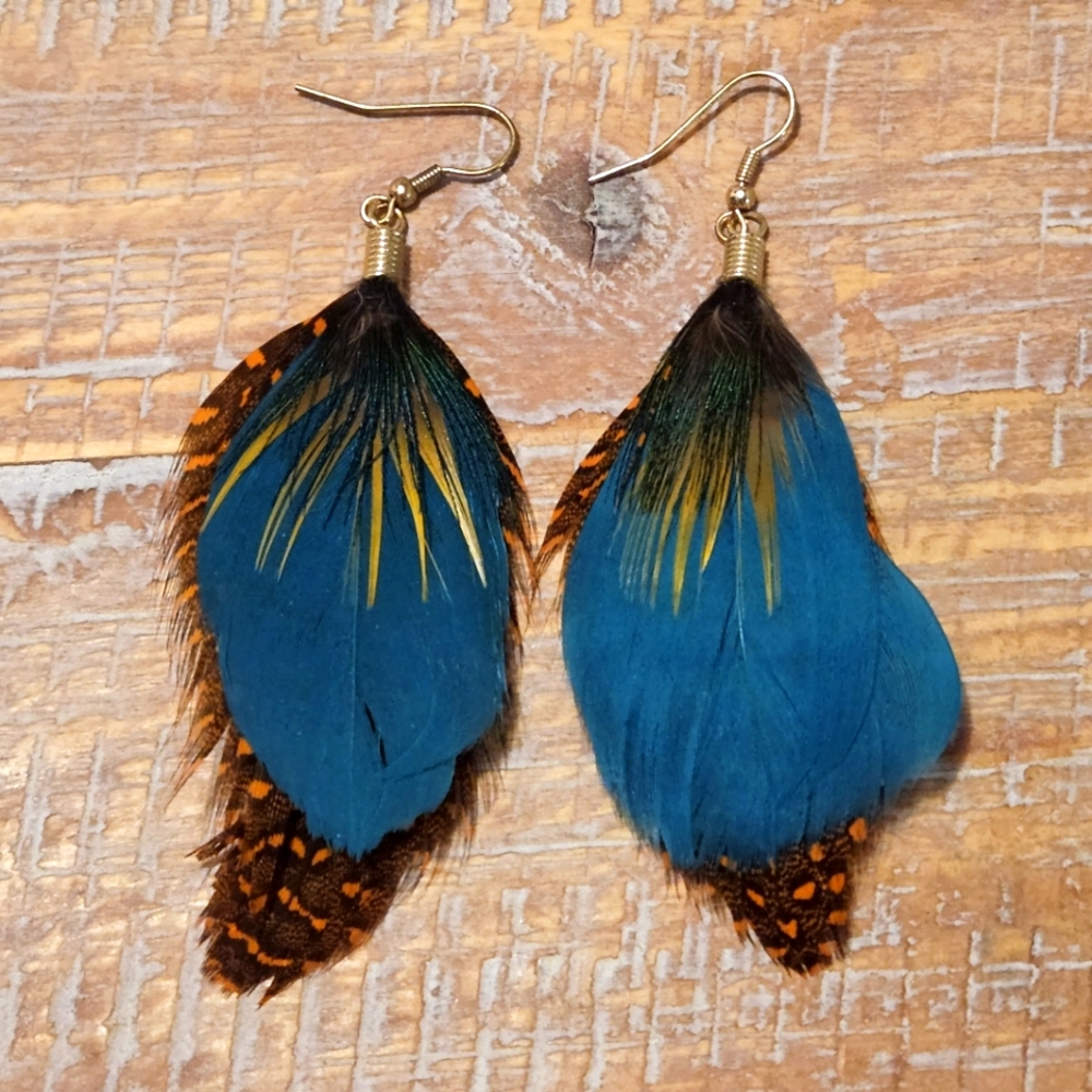 Blue and Orange Feather Earrings